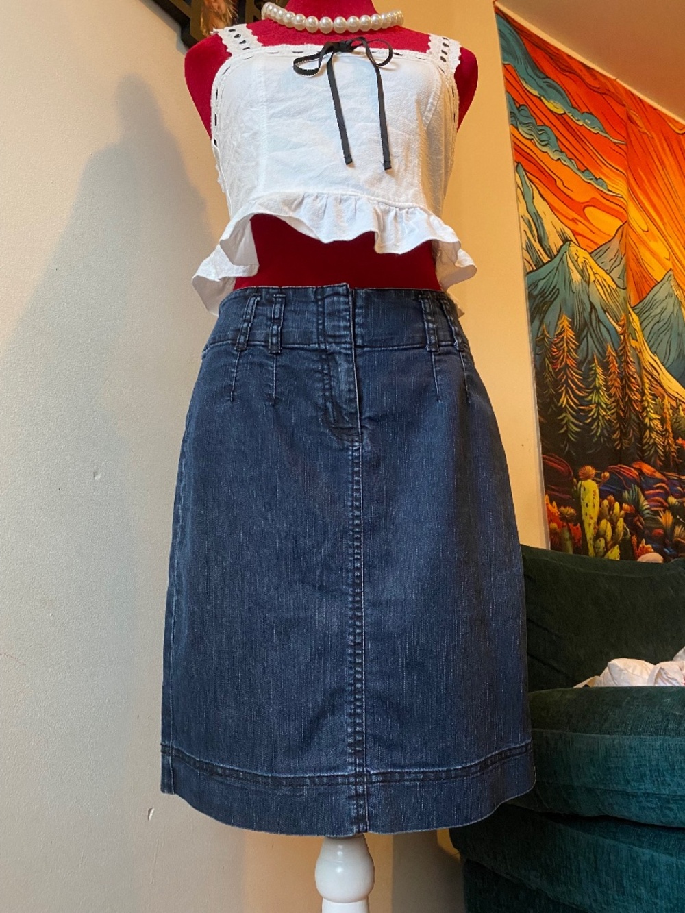 vintage-inspired dark wash denim skirt